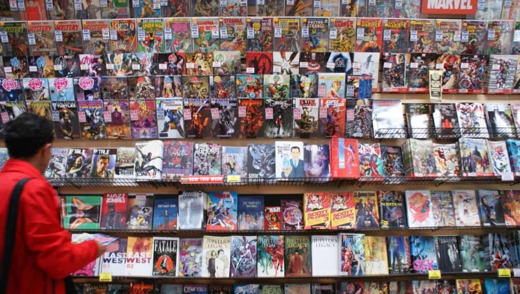 comic book collection on a store shelf